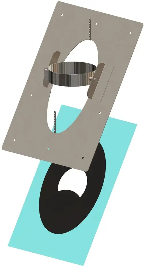 Montageplatte aus Metall mit ringsförmigem Verschluss und Öffnungen, präsentiert auf einem blauen Hintergrund. Produkt der Marke ATEC zur sicheren Installation.