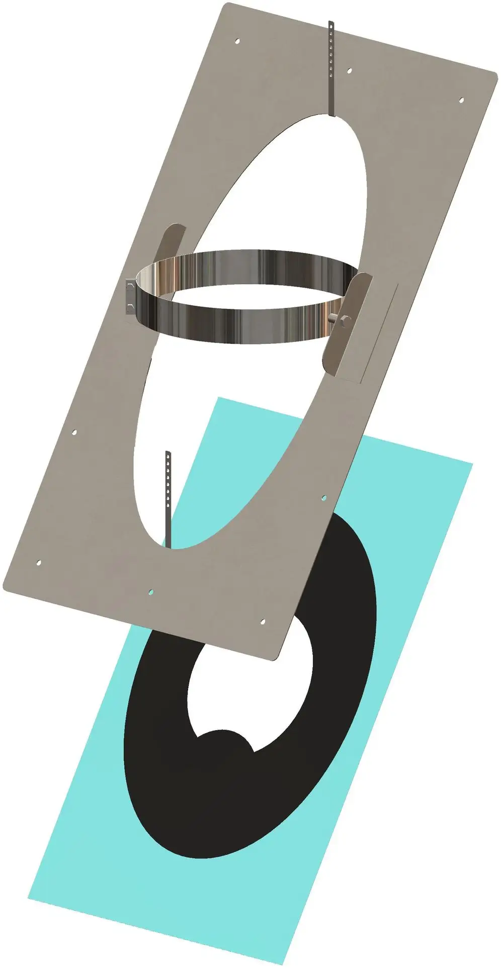 Dachflansch von ATEC in metallischer Ausführung, mit einem ovalen Öffnungsdesign und einem integrierten Dampfbremselement. Sieht aus wie eine Montagekomponente für Dachsysteme.
