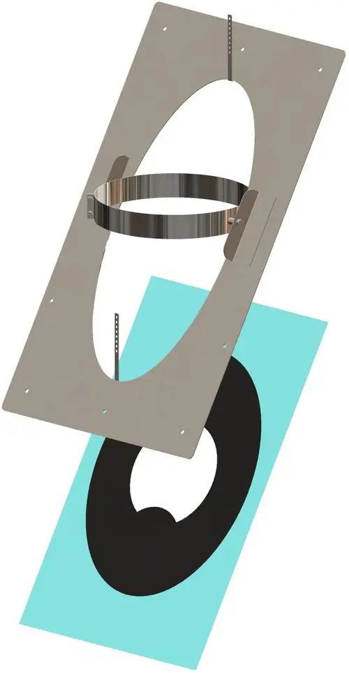 Dachflansch von ATEC in metallischer Ausführung, mit einem ovalen Öffnungsdesign und einem integrierten Dampfbremselement. Sieht aus wie eine Montagekomponente für Dachsysteme.