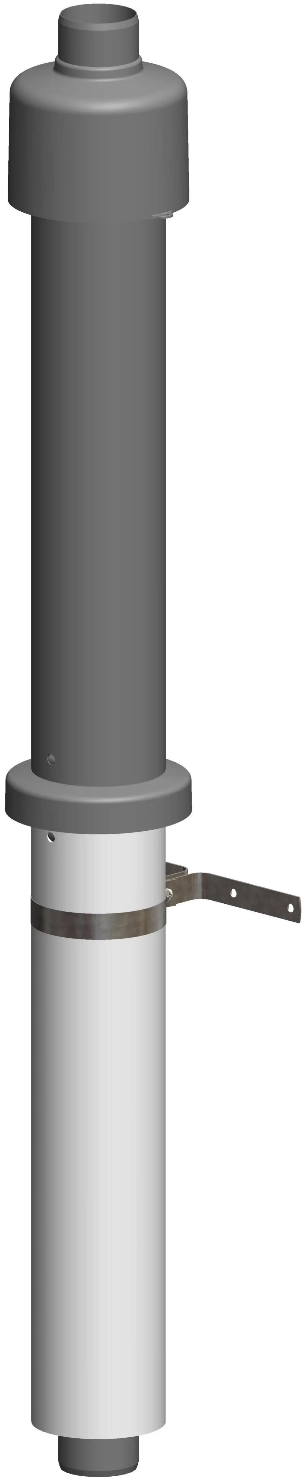 Schwarze, vertikale Dachhochführung mit Schachtadapter, gefertigt von ATEC. Das Produkt besteht aus zwei Röhren und einer Halterung zur Montage.