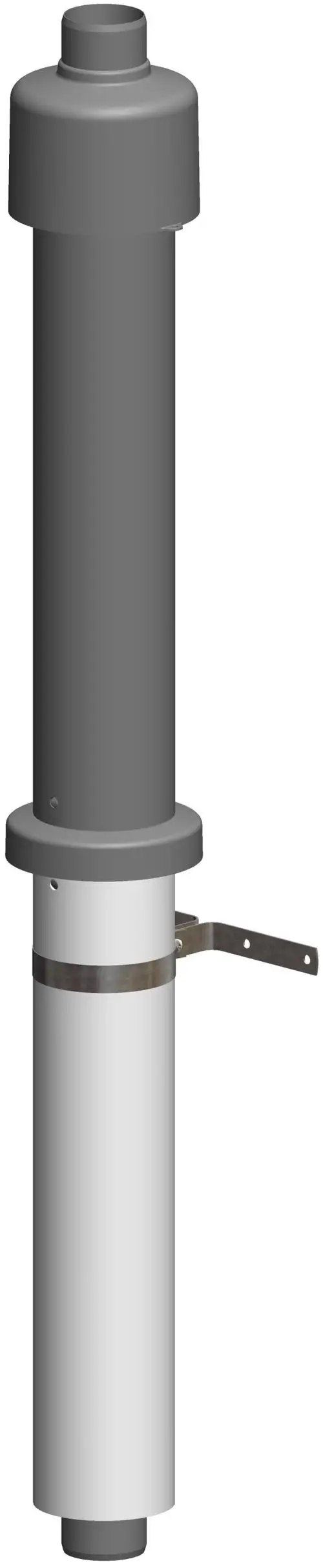 Schwarze, vertikale Dachhochführung mit Schachtadapter, gefertigt von ATEC. Das Produkt besteht aus zwei Röhren und einer Halterung zur Montage.
