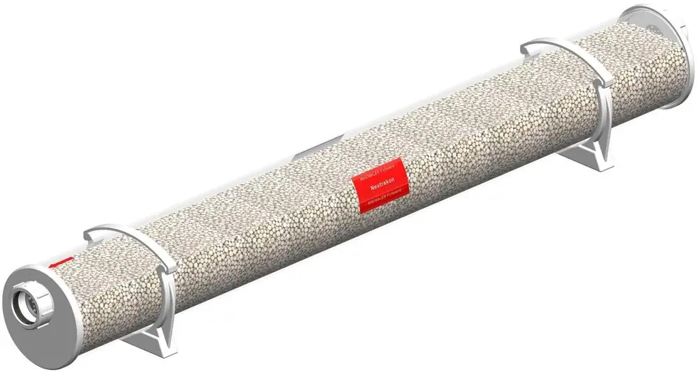 Kondensatbox von ATEC, zylindrisches Gehäuse mit Durchmesser und langen Befestigungsbändern, gefüllt mit Granulat. Geeignet für Gasheizungen bis 300 kW.