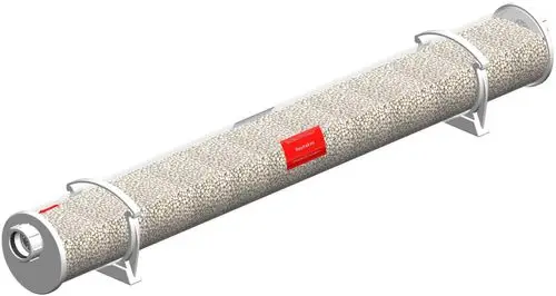 Kondensatbox von ATEC, zylindrisches Gehäuse mit Durchmesser und langen Befestigungsbändern, gefüllt mit Granulat. Geeignet für Gasheizungen bis 300 kW.