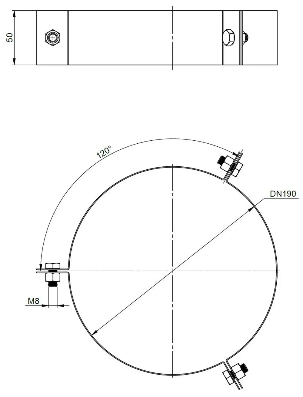 Edelstahlhalterung mit zwei M8-Schrauben zur Befestigung, gezeichnet in Draufsicht und Seitenansicht, von ATEC. Maße und Befestigungspunkte sind klar ersichtlich.