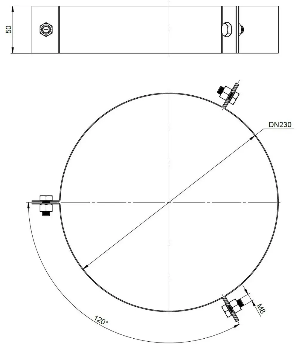 Edelstahl-Abspannschelle von ATEC mit Durchmesser DN230, ausgestattet mit M8-Schrauben und einer Montageanordnung in 120°-Abständen. Technische Zeichnung.
