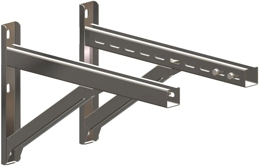 Edelstahl-Querträger von ATEC mit einer stabilen Halterung, geeignet für die Wandmontage. Das Design ermöglicht eine sichere Befestigung von Regalen oder anderen Elementen.