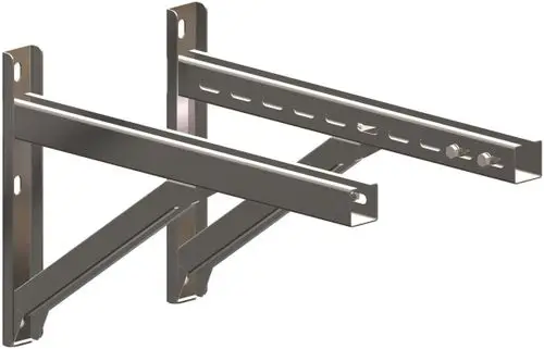 Edelstahl-Querträger von ATEC mit einer stabilen Halterung, geeignet für die Wandmontage. Das Design ermöglicht eine sichere Befestigung von Regalen oder anderen Elementen.