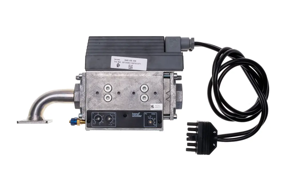 Gasventil von Brötje mit einem Anschluss für Gasleitung, elektrischen Anschlüssen und Steuerungselementen. Das Gehäuse ist aus Metall gefertigt.