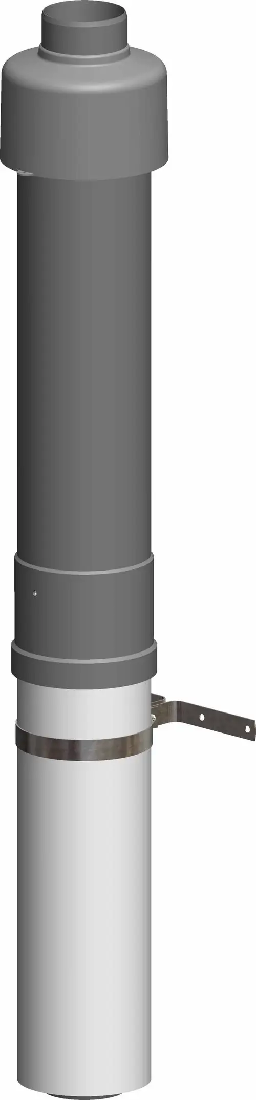 Schwarze Dachdurchführung mit oberen Anschluss und seitlicher Befestigungsschelle, geeignet für Abluftsysteme; Produkt von ATEC.