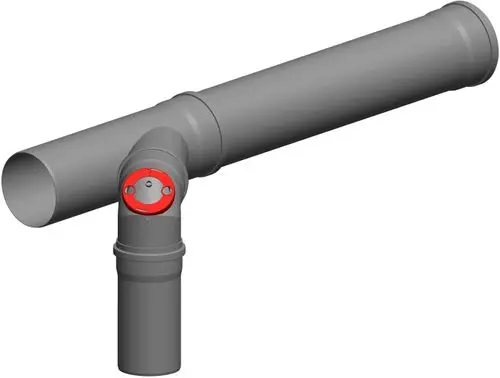 Graues Rohrsystem mit einem Bogen und rotem Verbindungselement. Bestandteil eines ATEC-Kaskaden-Erweiterungssets für den individuellen Rohrleitungsbau.