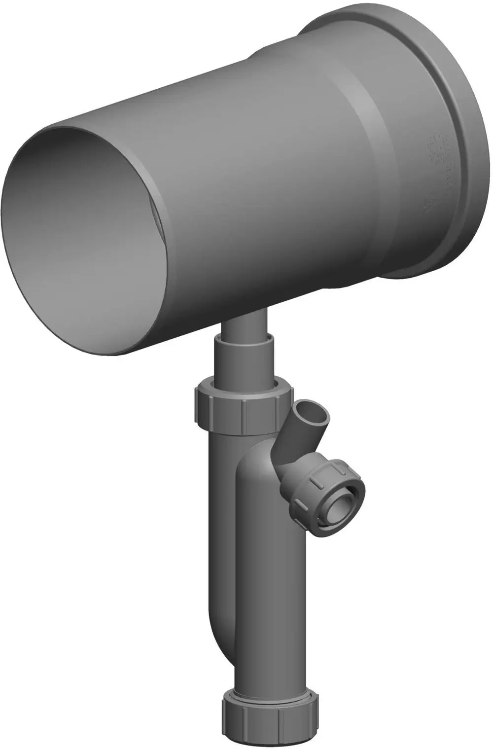 Kondensatablauf von ATEC mit Siphon, vertikal montiert, mit einem Anschlussrohr und einem zusätzlichen Abgang für Wasserabläufe.