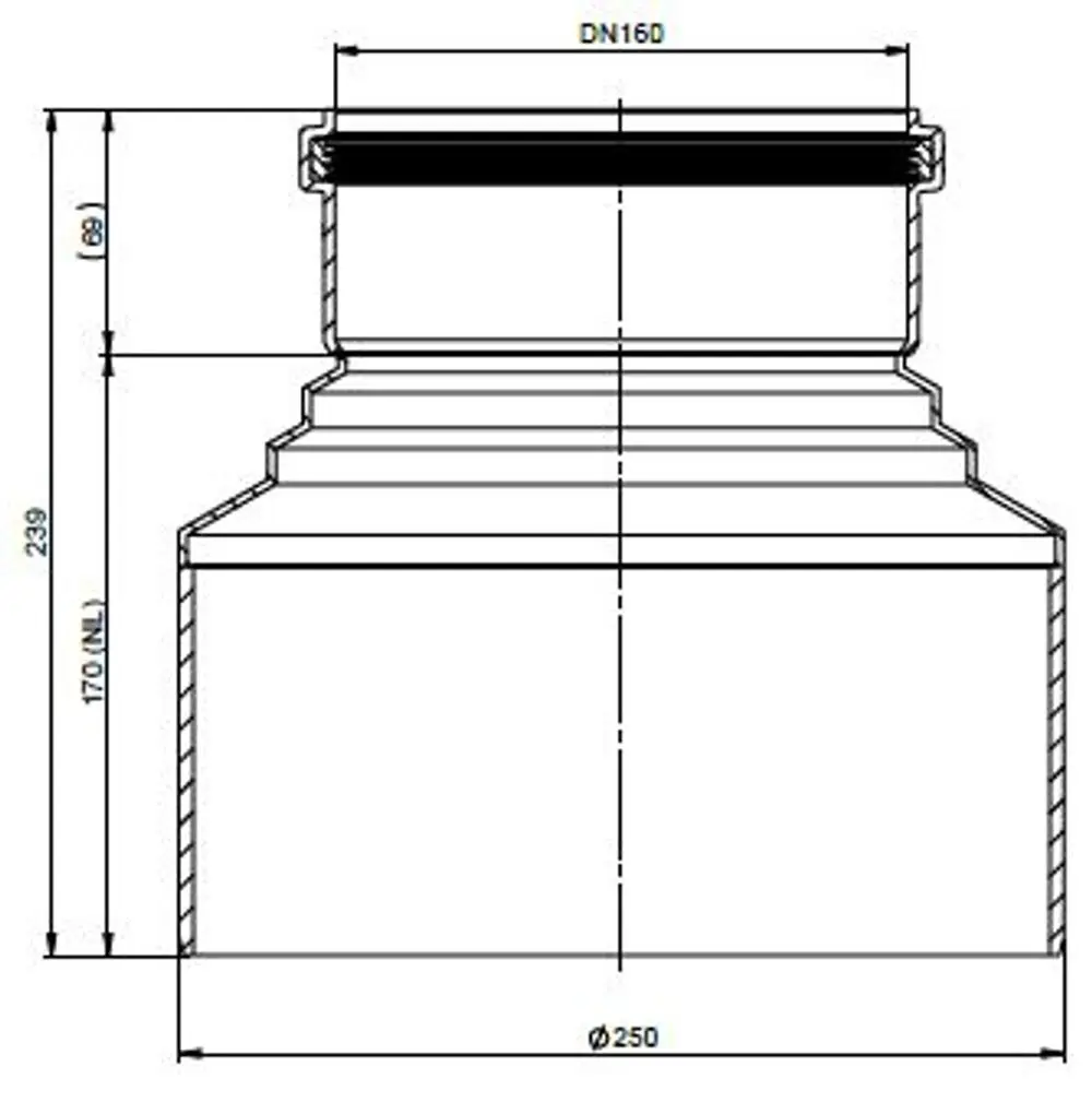 Reduzierungselement von ATEC mit zentrischem Anschluss. Der Durchmesser wechselt von 250 mm auf 160 mm. Technische Zeichnung zeigt Details und Maße.
