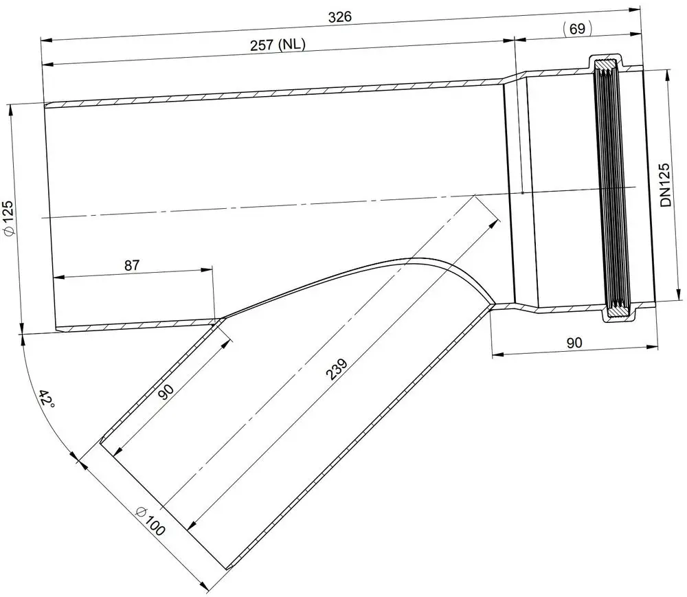 Technisches Diagramm eines Abzweigs mit verschiedenen Durchmessern, entworfen von ATEC, zeigt Details zur Form und Abmessungen des Produkts.