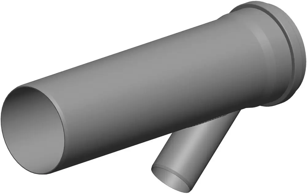 Abzweig aus Kunststoff mit zwei Rohranschlüssen. Ein Anschluss zeigt eine abgewinkelte Ausführung. ATEC-Produkt zur Verbindung von Rohren.