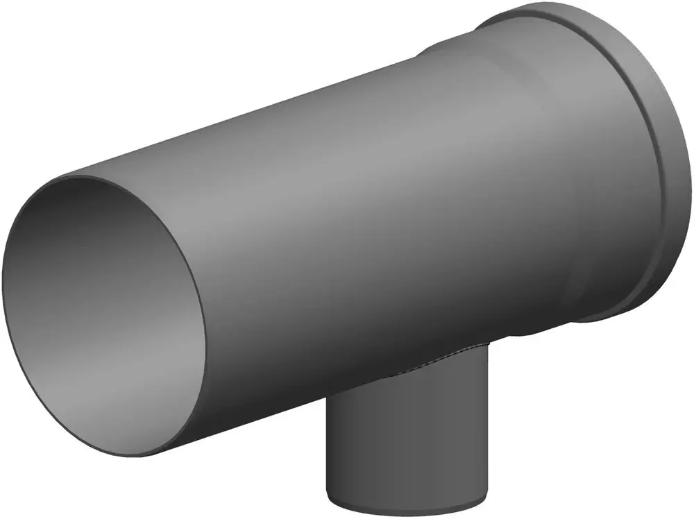 Graues T-Stück aus Kunststoff von ATEC mit einem seitlichen Anschluss und zylindrischem Design, geeignet für Rohrverbindungen.