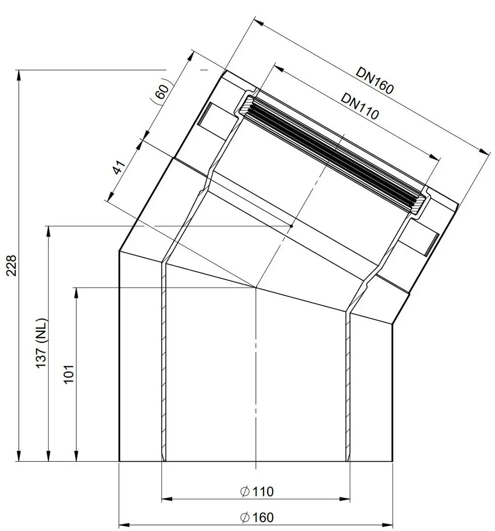 Edelstahlbogen mit einem Winkel von 30° für Rohrverbindungen, hergestellt von ATEC. Die Zeichnung zeigt die Maße und Anschlüsse für DN110 und DN160.