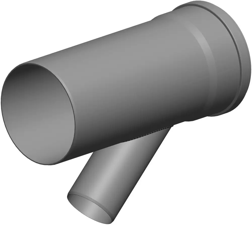 Abzweigstück aus grauem Material, mit zwei Rohren in unterschiedlichen Durchmessern, gestaltet für Verbindungen im Rohrsystem. ATEC-Produkt.
