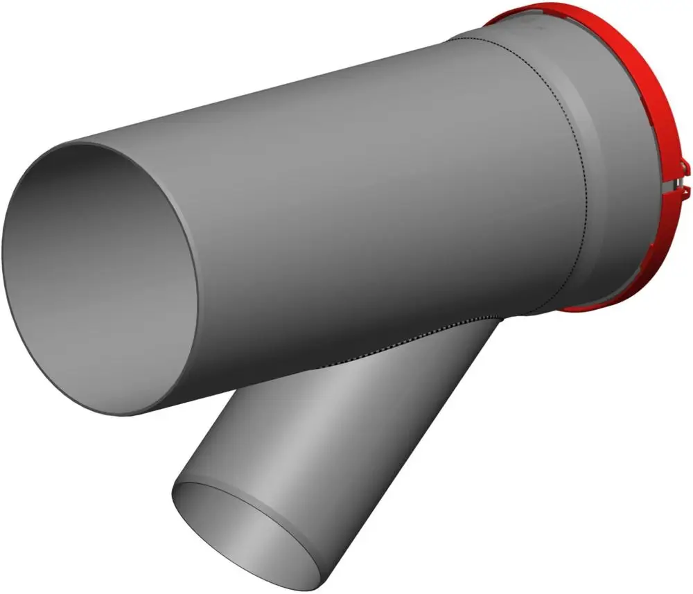 Rundrohr mit einer Abzweigung, sichtbar in zwei Richtungen, in neutralen Grautönen, mit rotem Anschluss. Produkt von ATEC.