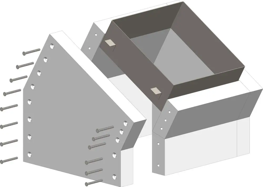 ATEC Schachtwinkel in L-Form, einseitig offen, mit Verbindungselementen und Schrauben, zur Befestigung im Bereich Konstruktion und Installation.