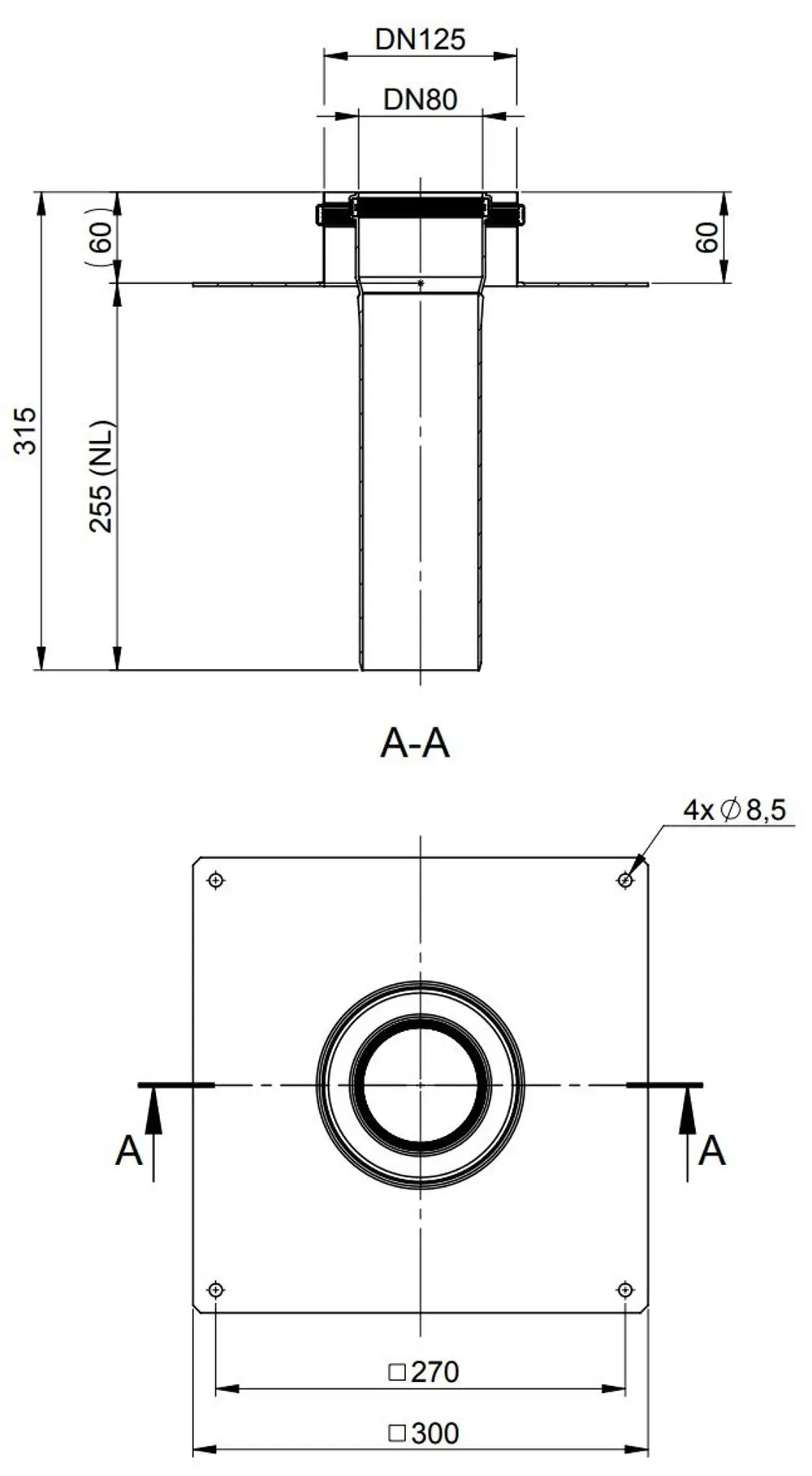 Technische Zeichnung eines Kaminabschlusses von ATEC mit Details zur Montage und Abmessungen, einschließlich DN 80/125 sowie quadratischem Unterteil.