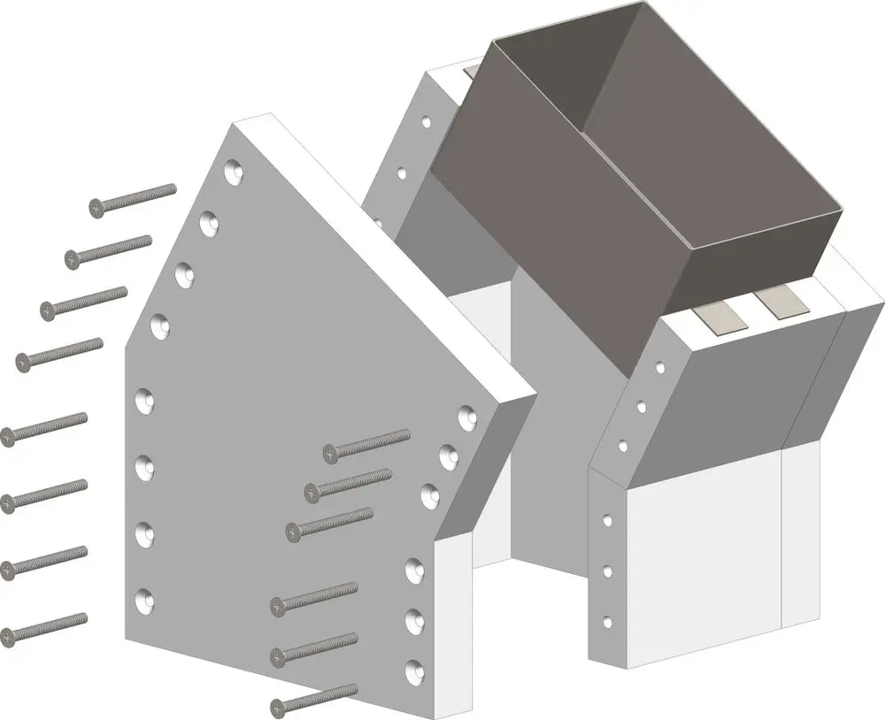 ATEC-Schachtwinkel mit einseitig offenem Design und Steckverbindern, montiert mit Schrauben. Zwei Platten mit durchgehenden Löchern zur Befestigung.