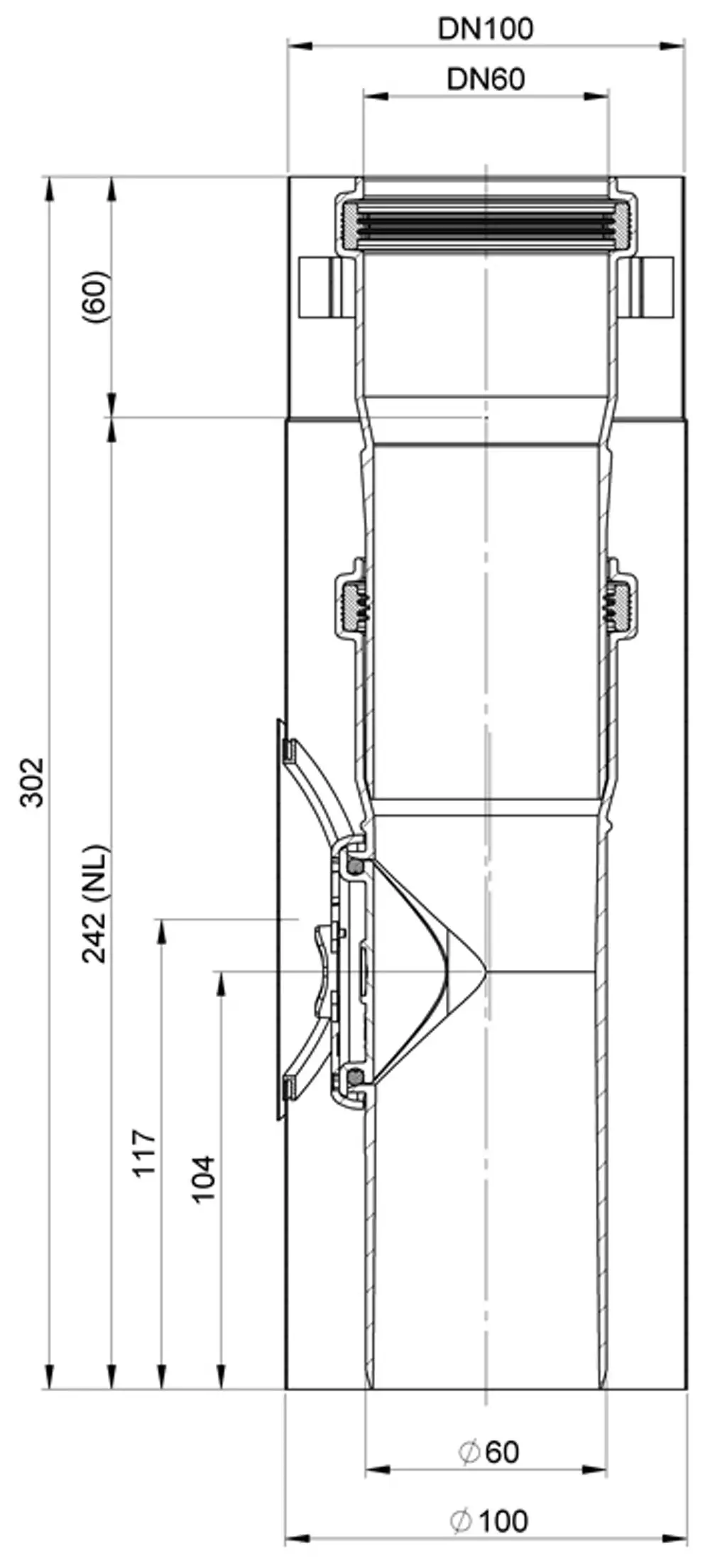Edelstahl-Kontrollrohr von ATEC mit Durchmessern für DN60 und DN100, dargestellt in seitlicher Ansicht mit Maßangaben und Detailzeichnungen.