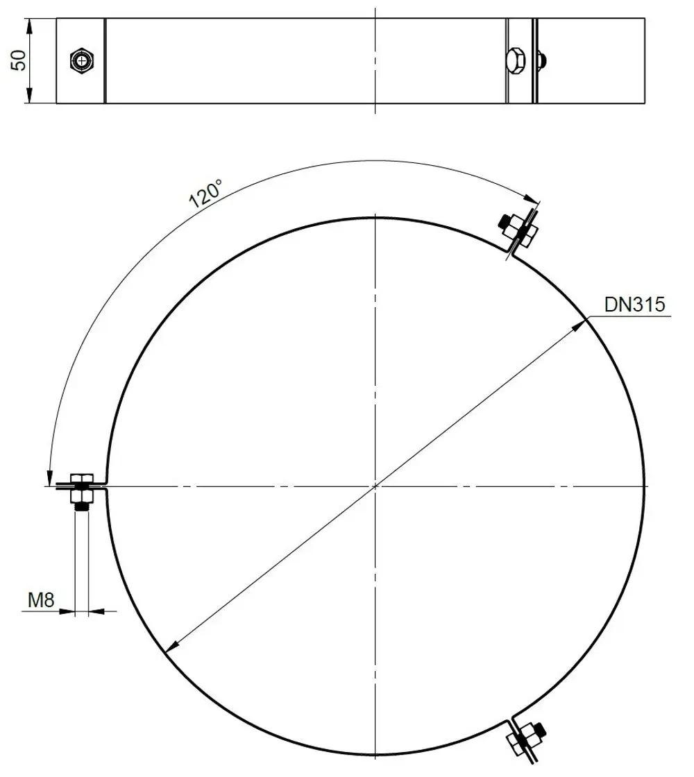 Edelstahl-Abspannschelle von ATEC mit zwei Schraubenbefestigungen, gezeichnet in oben und seitlich, geeignet für Rohre mit einem Durchmesser von DN315.