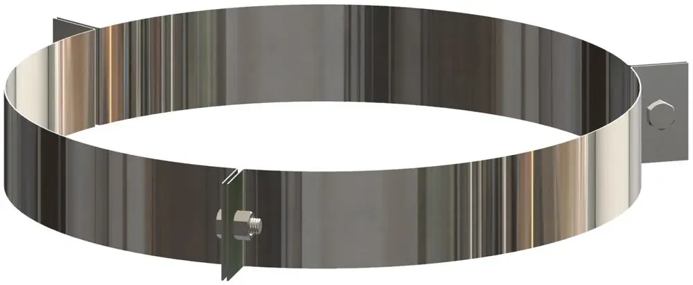 Edelstahl-Abspannschelle mit Spannband, zur Montage in verschiedenen Anwendungen, Hersteller ATEC, zeigt Befestigungsmöglichkeiten an den Enden.
