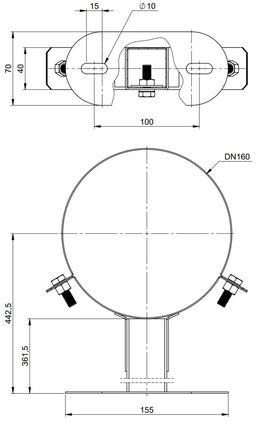 Wandabstandhalter aus Edelstahl, hinterer Halter mit Aussparung, seitliche Befestigungen. Produkt von ATEC zur Montage mit einstellbarem Abstand.