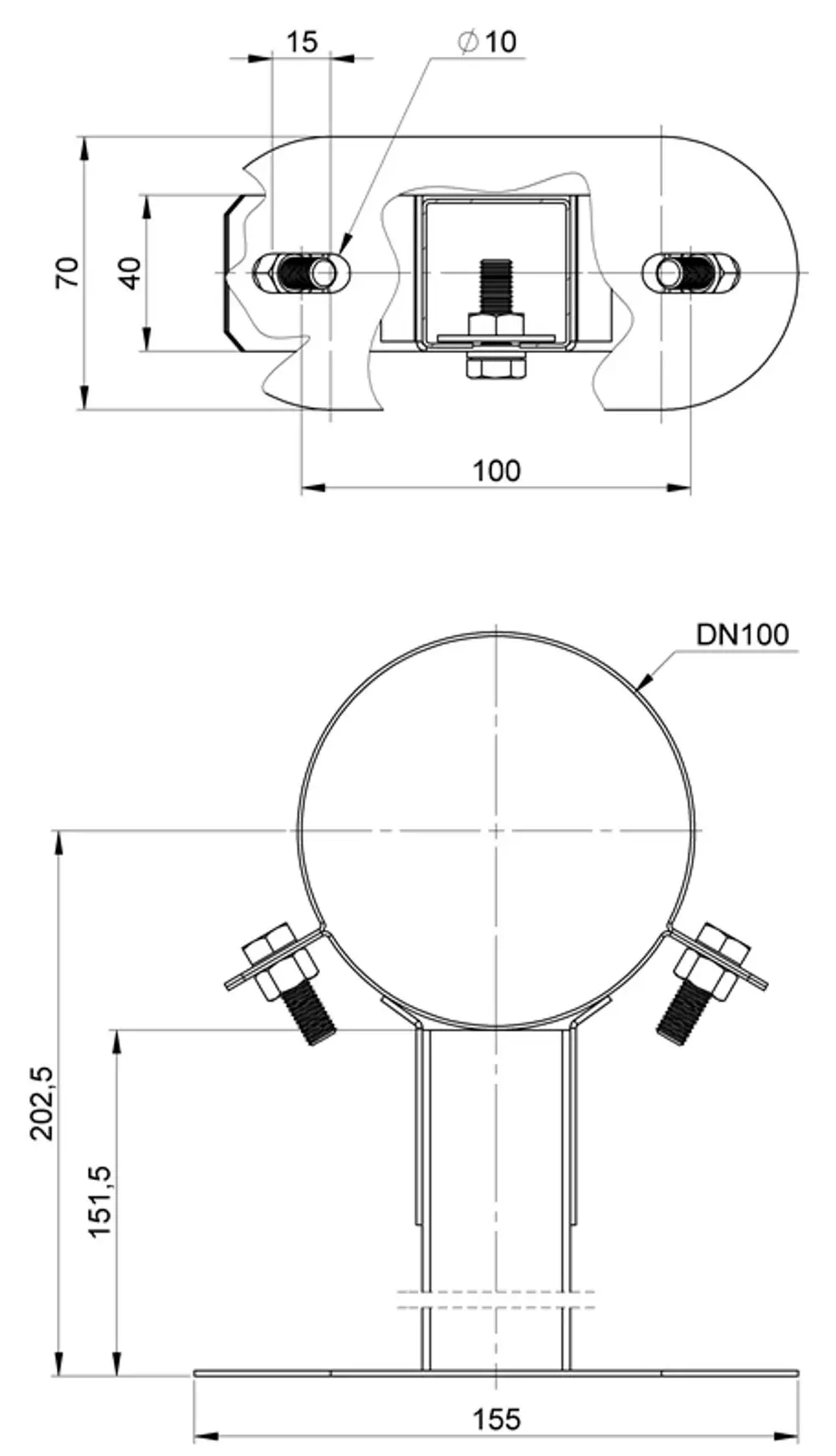 ATEC Wandabstandhalter mit runder Halterung, zwei Schrauben zur Befestigung, sichtbar ist der Durchmesser von DN100 sowie Maße für die Installation.