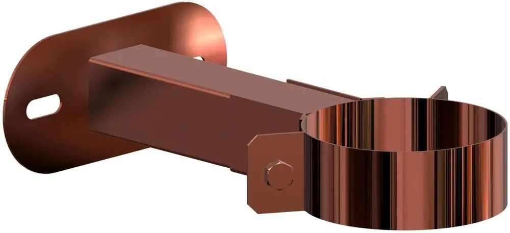 Wandabstandhalter aus Edelstahl, verkupfert, mit Halterung zur Befestigung an der Wand. Produkt von ATEC, geeignet für Rohre im Durchmesser DN60/100.