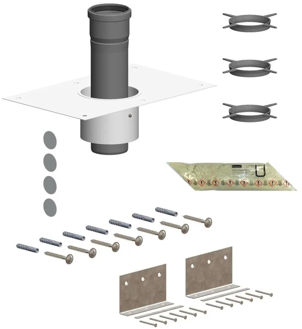 Montage-Set von ATEC für eine Betondecke, bestehend aus einem runden Anschlussrohr, Befestigungselementen und Scharnierplatten für die Installation.