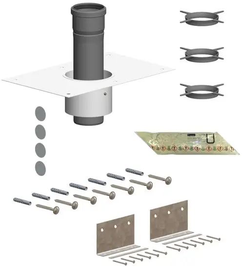 Montage-Set von ATEC für eine Betondecke, bestehend aus einem runden Anschlussrohr, Befestigungselementen und Scharnierplatten für die Installation.