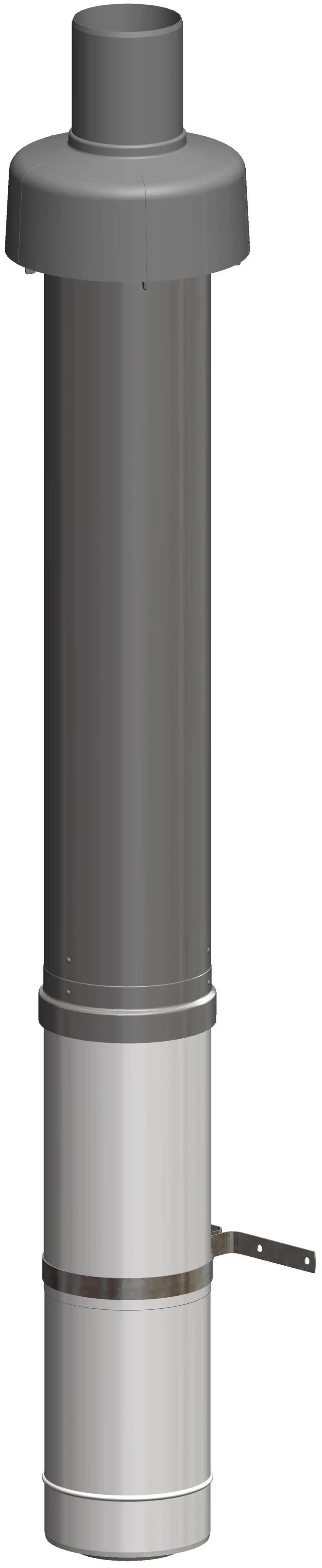 Dachdurchführung in schwarz mit Befestigungsschelle, vertikal angeordnet, für Rohrinstallation, hergestellt von ATEC.