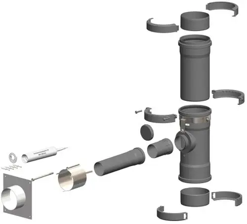Explodierte Ansicht eines Anschluss-Sets mit mehreren Bauteilen und Verbindungen, das für die Montage von ATEC-Systemen genutzt wird. Komponenten sind übersichtlich angeordnet.