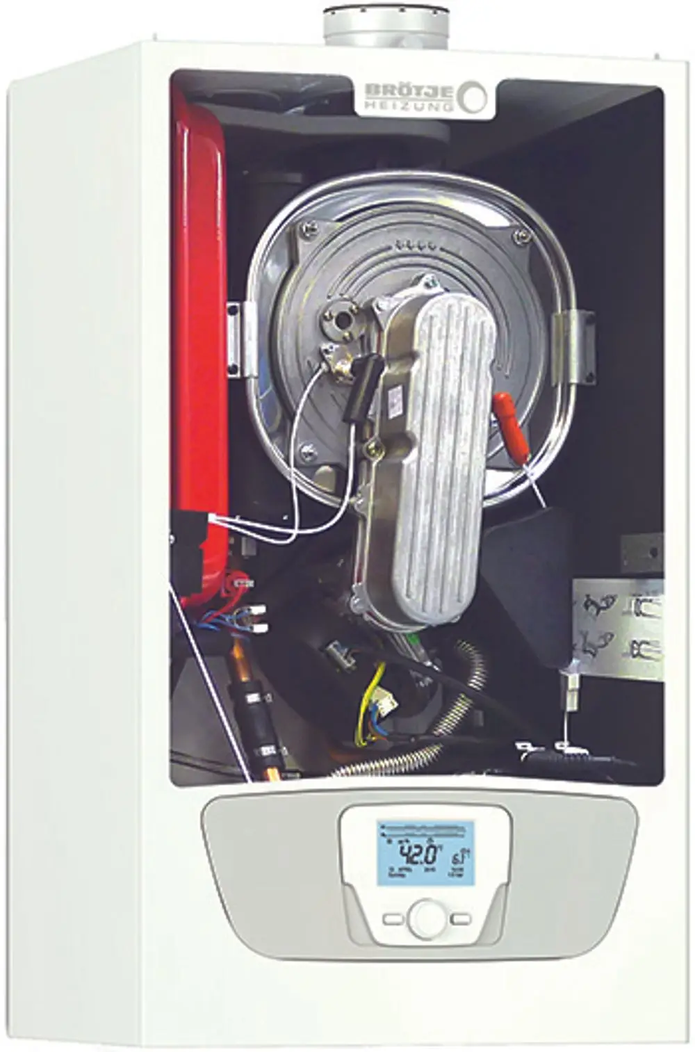 Gas-Brennwerttherme von Brötje mit transparenter Vorderseite, sichtbarem Brenner und digitalen Bedienelementen zur Einstellung der Temperatur.