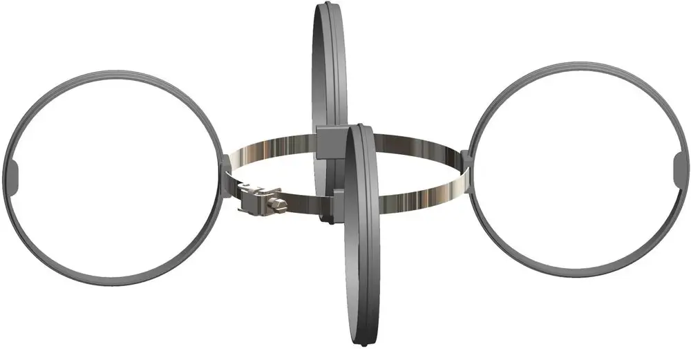 Abstandshalter aus Metall mit zwei runden Halterungen, die an einem zentralen Verbindungselement angeordnet sind. Produkt von ATEC zur Verwendung in Rohrsystemen.