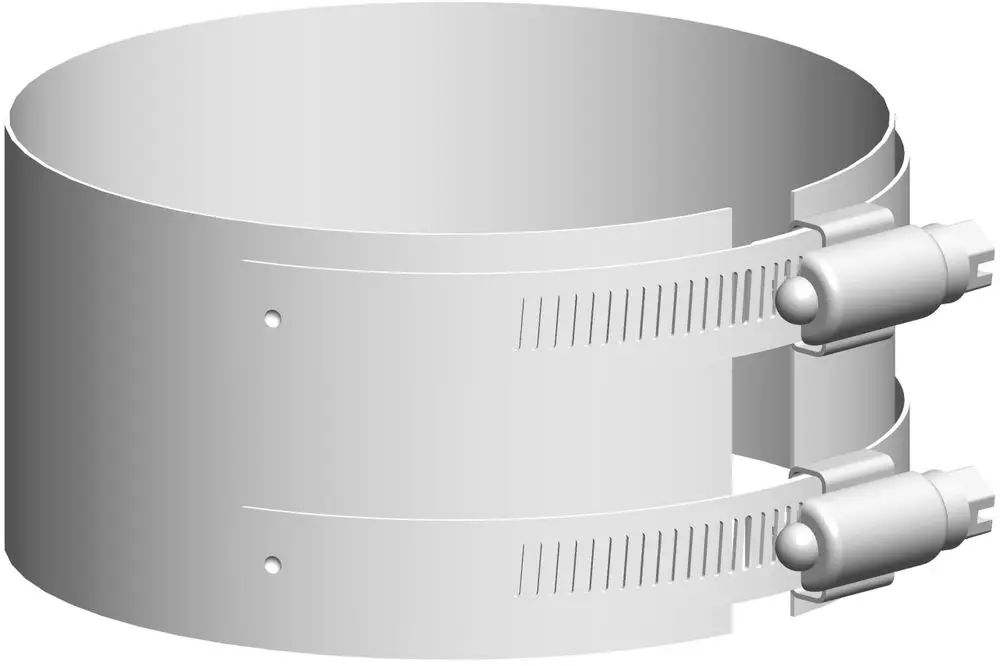 Edelstahl-Klemmband mit zwei Verschlüssen, geeignet für die Verbindung von Rohren, abgebildet auf weißem Hintergrund. Produkt von ATEC.