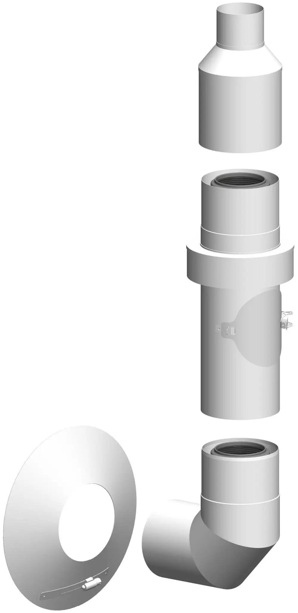 Weißes Montage-Set von ATEC für die Installation an Außenwänden, bestehend aus mehreren Rohr- und Anschlusskomponenten in einem schematischen Layout.