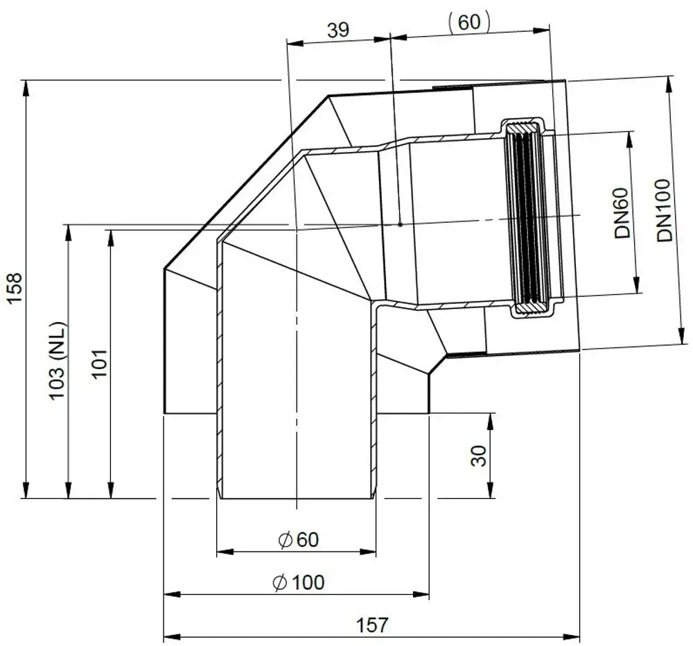 Konzentrischer Bogen mit einer Schenkellänge und einer Übergangsstutzen. ATEC-Produkt mit technischen Abmessungen, dargestellt in einem technischen Zeichnungsformat.