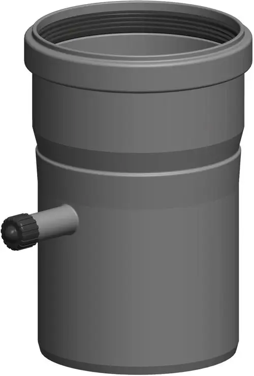 Graues Messelement mit einem Auslass und einem Gewindeanschluss, ausgeführt von ATEC. Das Design ist funktional und einfach, ohne erkennbare Maße oder spezifische Details.