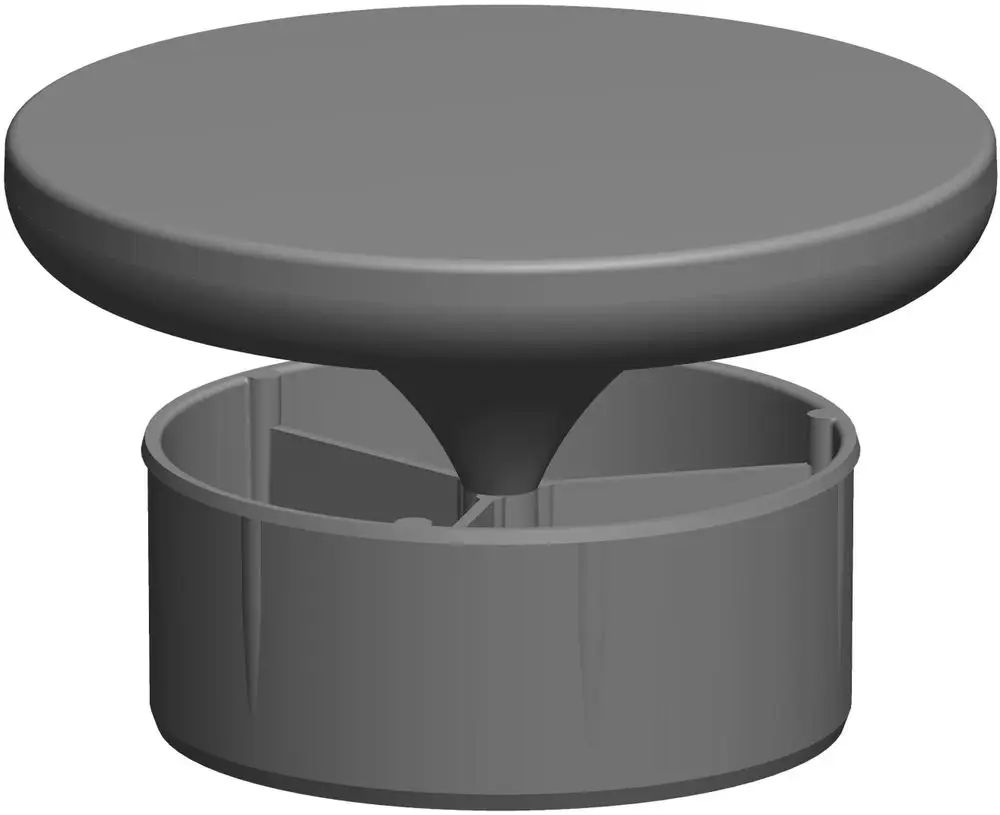 Schwarze Mündungs-Abströmdüse, bestehend aus einem runden oberen Teil und einem konischen unteren, liegend auf einer Oberfläche. ATEC-Produkt.