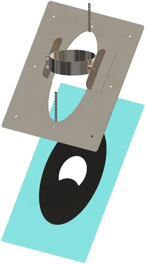 Dachflansch in metallischer Optik mit integrierter Dampfbremse, gefertigt von ATEC. Die Komponenten sind für die Montage vorgesehen und in einer isolierenden Umgebung dargestellt.
