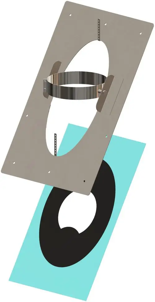 Dachflansch in rechteckiger Form mit einer integrierten Dampfbremse, gefertigt von ATEC. Es zeigt eine Metallhalterung und eine darunter liegende schwarze Fläche.