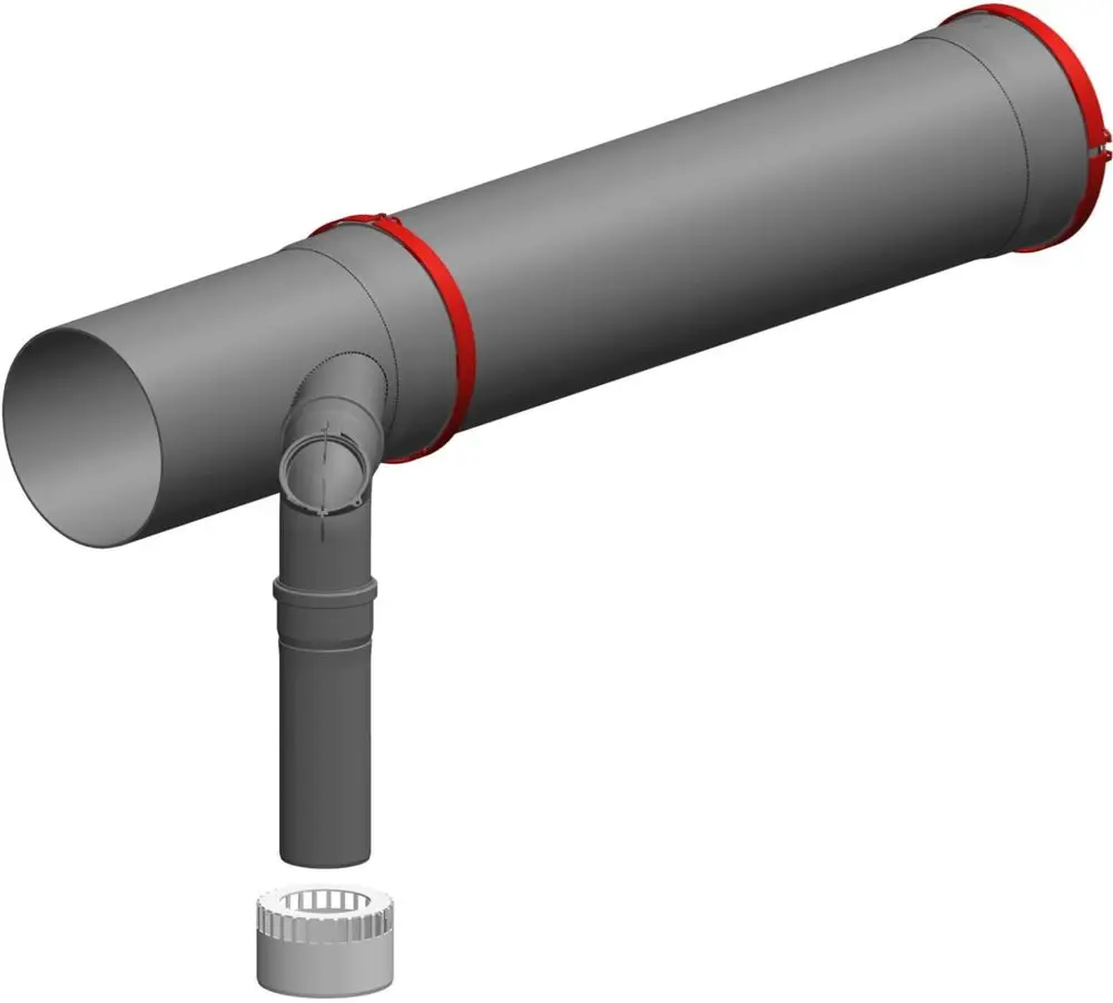 Graues Rohrsystem mit roten Verbindungen und einem Abzweig. Geeignet für die Verwendung in Abwassersystemen. Produkt von ATEC.