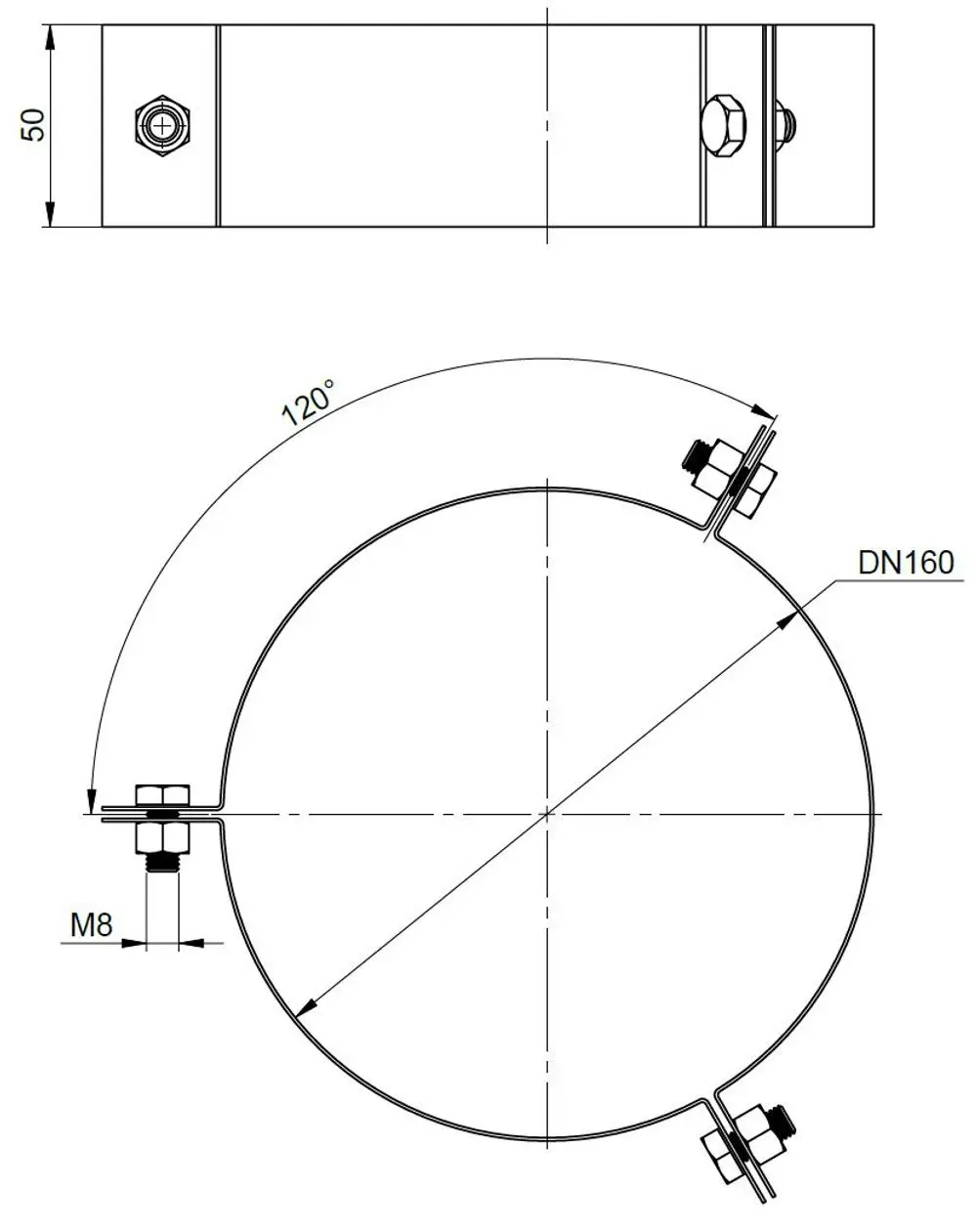 Edelstahl Abspannschelle von ATEC mit Montagebolzen und M8-Gewinde, dargestellt in Draufsicht und Seitenansicht, für Rohrdurchmesser DN160.