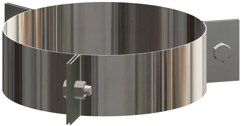Edelstahl-Abspannschelle mit Spannband und Befestigungselementen, geeignet für DN110/160, hergestellt von ATEC.