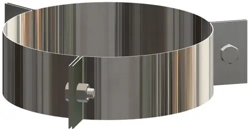 Edelstahl-Abspannschelle mit Spannband und Befestigungselementen, geeignet für DN110/160, hergestellt von ATEC.