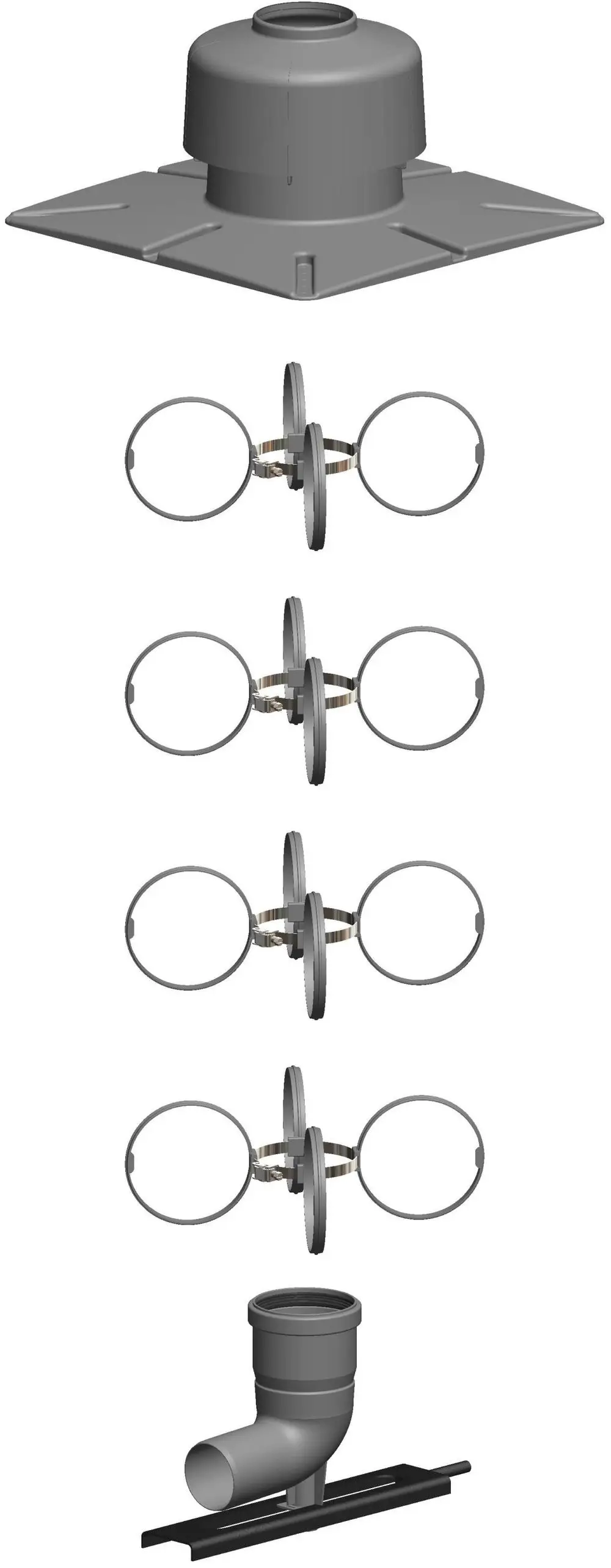 Montageset von ATEC mit einem zylindrischen Auflager und mehreren Halterungen, kombiniert mit einem Stützrohr und einem Abflussrohr in grauer Farbe.