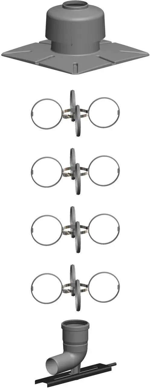 Montageset von ATEC mit einem zylindrischen Auflager und mehreren Halterungen, kombiniert mit einem Stützrohr und einem Abflussrohr in grauer Farbe.